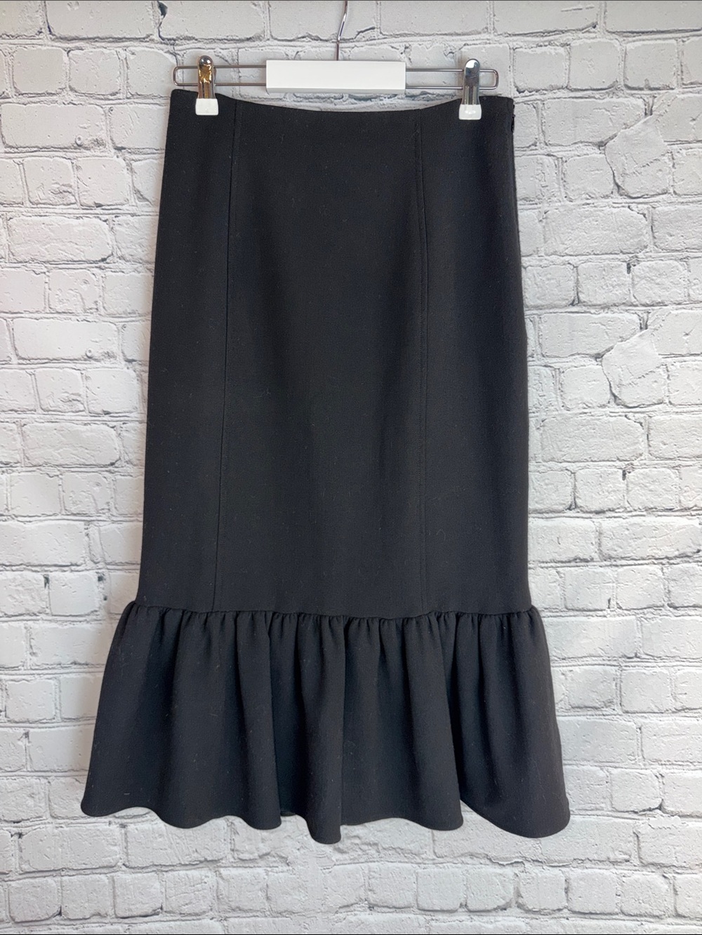 RALPH LAUREN PURPLE LABEL Black Wool Pencil Skirt Ruffle Hem Size 8